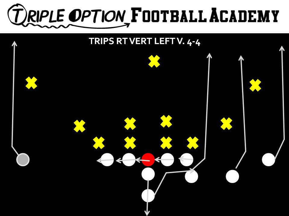Trips Right Vert Left versus 4-4. PR- Vert MA- Vert PA- Vert OL- Slide Away BR- Vert Q- Five-step Drop, throw Vert to BR B- Veer Path-Kick 1st threat off PT