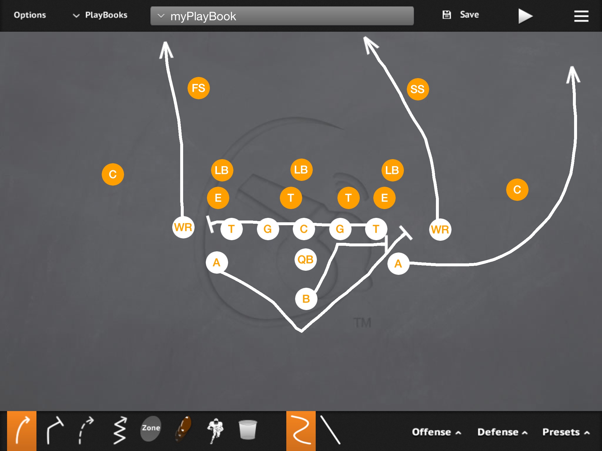 Double Flex Triple Pass PR- Vert-Post PA- Wheel OL- Slide Away BA- Pitch-Kick BR- Vertical Q- Triple Pass Steps-Throw to Playside A B- Veer Path-Kick