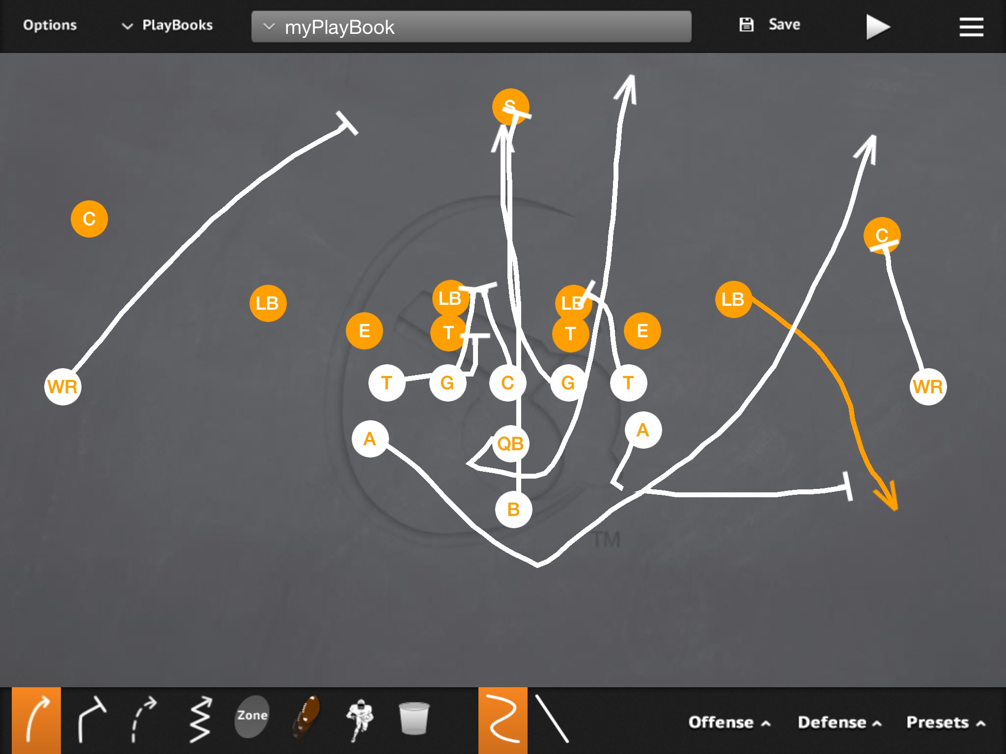 Midline Triple v. 4-4 PR- Deep Defender PA- Twirl-Run Support PT- Veer PG- Veer C/BG- Reverse Ace BT- Scoop BA- Pitch BR- Cutoff Q- Mid 1, Pitch 2 B- Mid Path