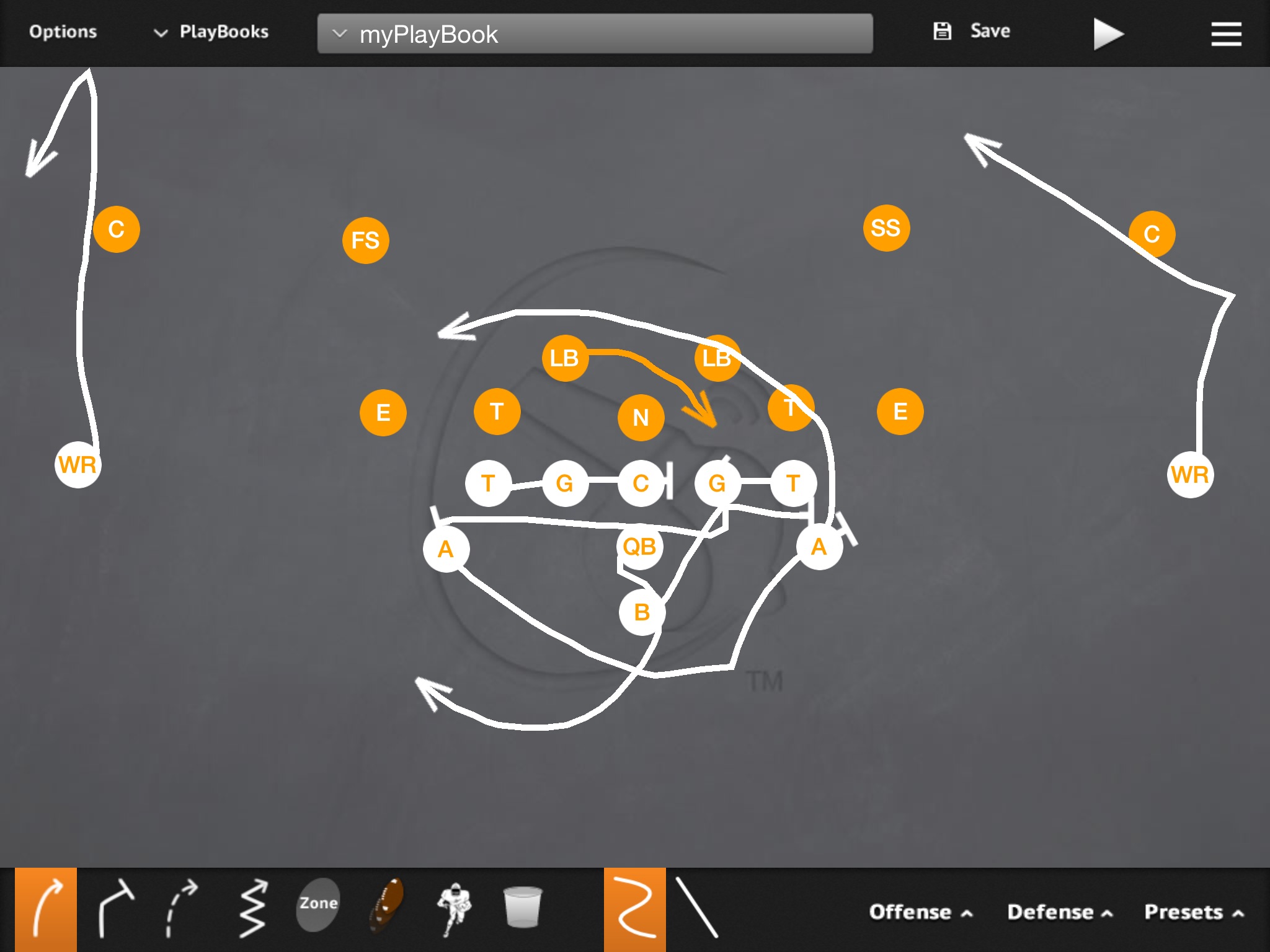 Triple Waggle PR- 16 comeback outside at 4 PA- Pitch-KIck PT/PG/C/BT- Slide Inside BG- Pull-Block 1st threat off PT BA- 8-yard drag BR- Post Q-Fake Triple, Waggle B- Veer Path-Kick