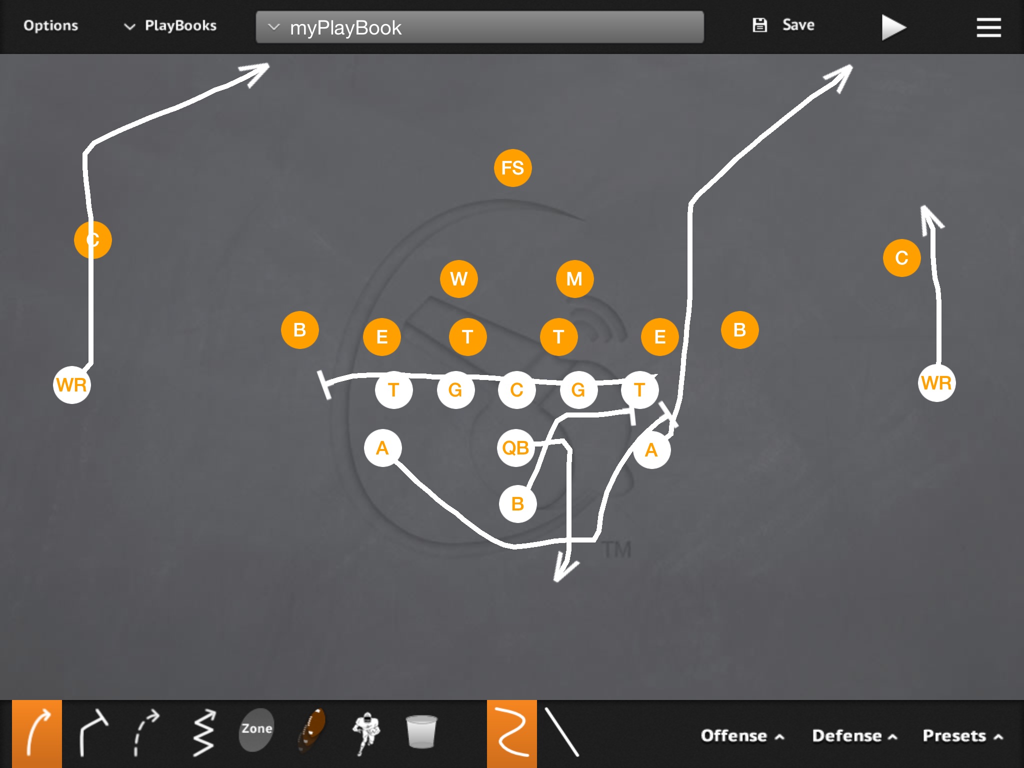 Triple Pass Titan PR- eight-yard stop PA- Corner route OL- slide away BA- pitch-kick BR- post Q- Triple Pass Steps--throw corner to stop B- Veer Path-Kick