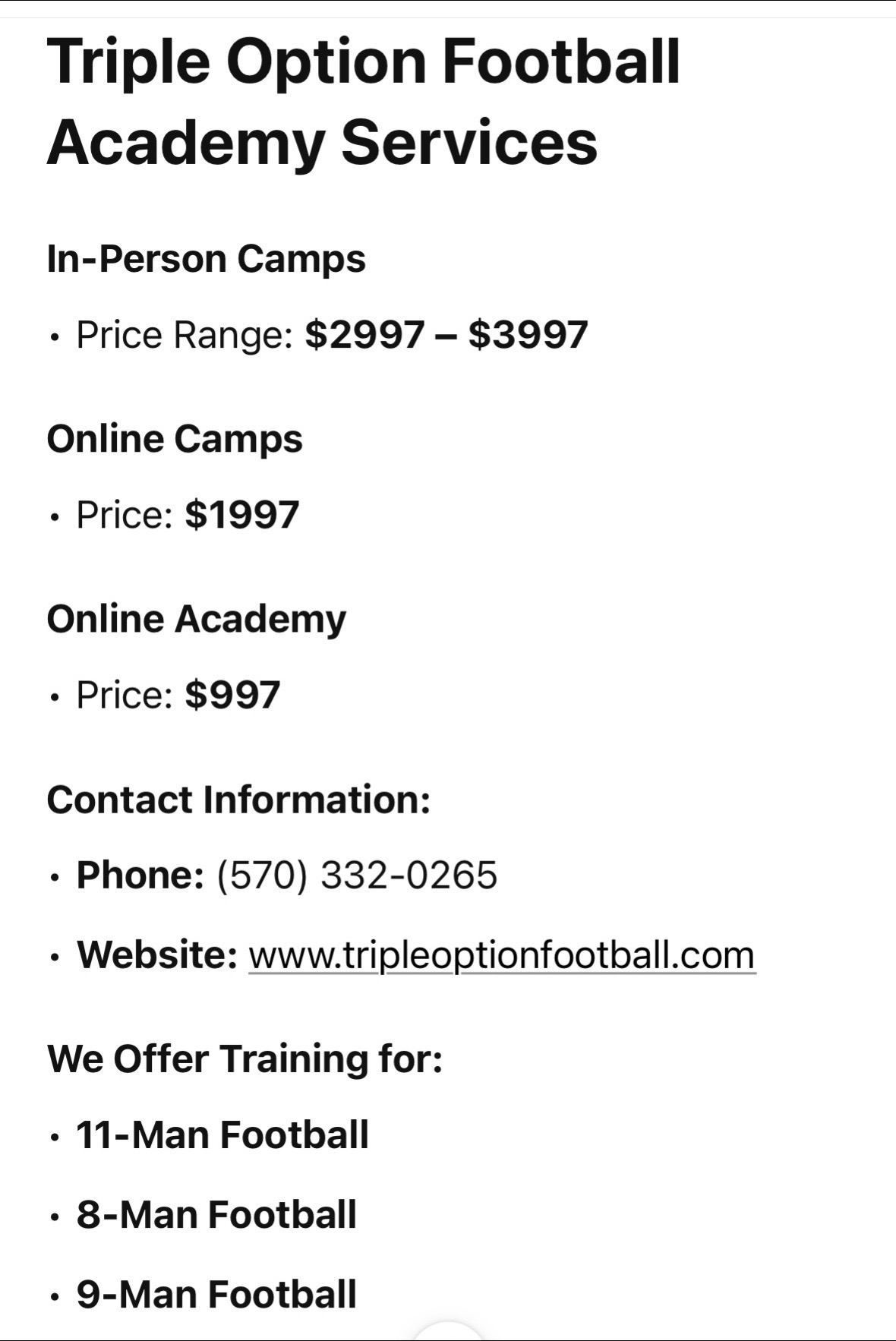 Triple Option Football Academy Services