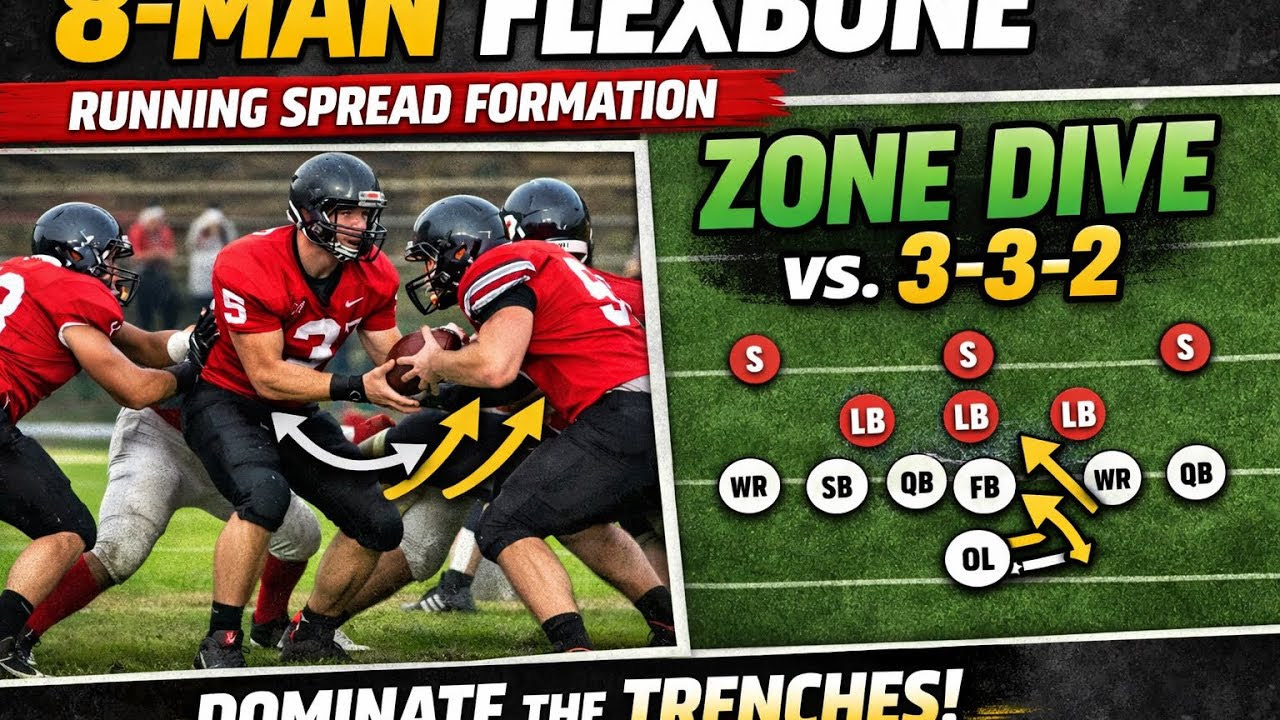 8-Man Flexbone Offense: Running Spread Formation Zone Dive vs. 3-3-2